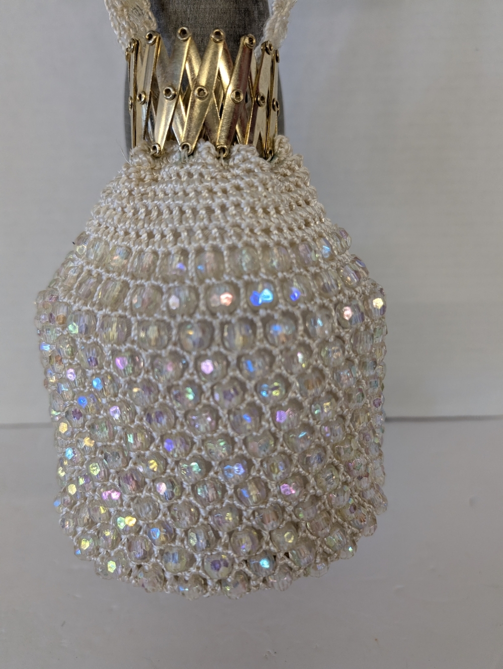 Mini Bag Hand Crafted Iridescent Beaded Crochet Cream
